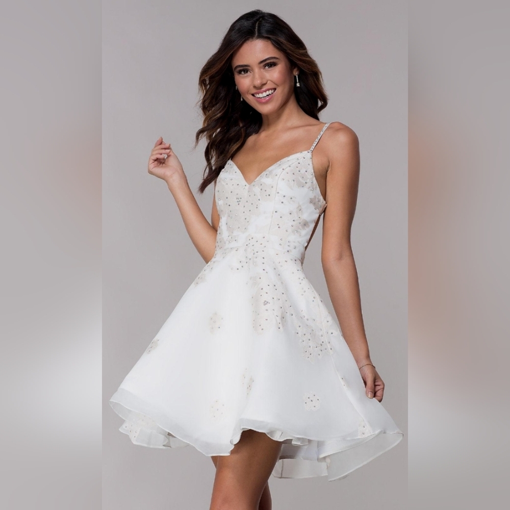 NWT Size 0 Jovani Ivory & Champagne Embellished Vneck Fit & Flare Mini Dress